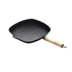 Сковорода чугунная рифленая 250х250 мм с деревянной ручкой Luxstahl [HE87] - интернет-магазин КленМаркет.ру