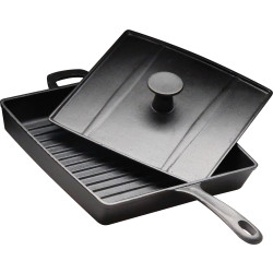 Сковорода чугунная рифленая 270х270 мм «Цыплята табака» с крышкой-прессом Luxstahl [HEGP30] - интернет-магазин КленМаркет.ру