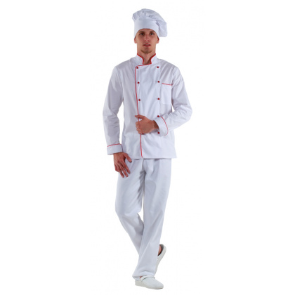 Куртка шеф-повара белая мужская с манжетом (отделка красный кант) [00002] - интернет-магазин КленМаркет.ру