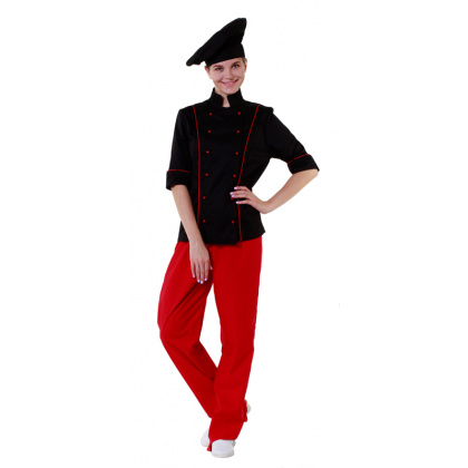 Куртка шеф-повара черная женская с манжетом (отделка красный кант) [00016] - интернет-магазин КленМаркет.ру
