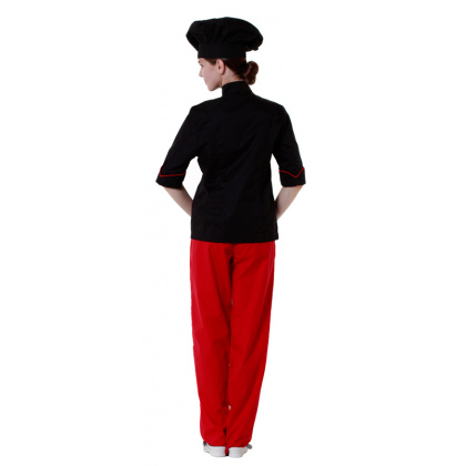 Куртка шеф-повара черная женская с манжетом (отделка красный кант) [00016] - интернет-магазин КленМаркет.ру