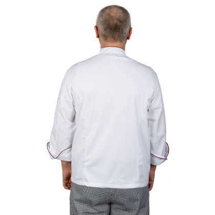 Куртка шеф-повара премиум белая рукав длинный с манжетом (отделка бордовый кант) [00012]  - интернет-магазин КленМаркет.ру