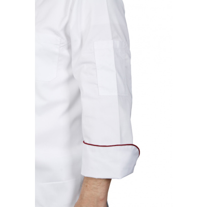 Куртка шеф-повара премиум белая рукав длинный с манжетом (отделка бордовый кант) [00012]  - интернет-магазин КленМаркет.ру