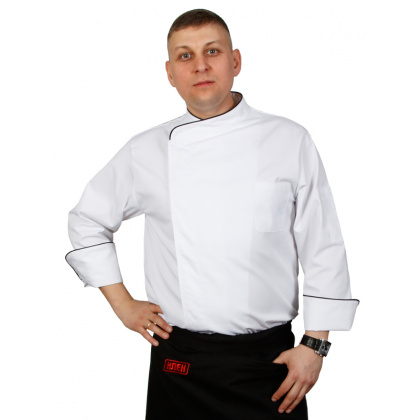 Куртка шеф-повара премиум белая рукав длинный с манжетом (отделка черный кант) [00012]  - интернет-магазин КленМаркет.ру