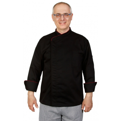 Куртка шеф-повара премиум черная рукав длинный с манжетом (отделка бордовый кант) [00012]  - интернет-магазин КленМаркет.ру
