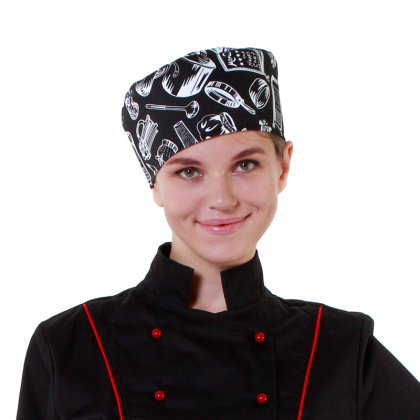 Шапочка повара «Таблетка» поварёшки и кастрюли на чёрном фоне [00400]  - интернет-магазин КленМаркет.ру