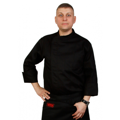 Куртка шеф-повара премиум черная рукав длинный с манжетом (отделка черный кант) [00012]  - интернет-магазин КленМаркет.ру