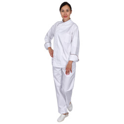 Куртка шеф-повара премиум белая рукав длинный с манжетом (отделка бордовый кант) [00012]  - интернет-магазин КленМаркет.ру